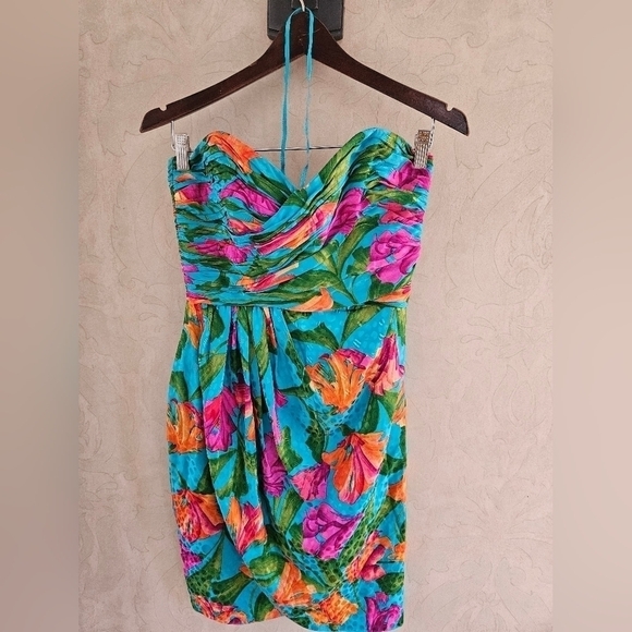 A.J.Bari 100% Silk *SAMPLE* One of A Kind Tropical Floral Strapless Dress-Size 8 - Picture 2 of 10